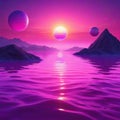 Surreal landscape with mountains and sunset pink sea with floating spheres on surface of Long horizontal Artistic original