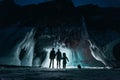 Surreal landscape with people exploring mysterious ice grotto cave. Outdoor adventure. Family exploring huge icy cave Royalty Free Stock Photo