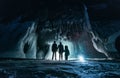 Surreal landscape with people exploring mysterious ice grotto cave. Outdoor adventure. Family exploring huge icy cave Royalty Free Stock Photo