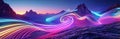 Surreal landscape: rocky mountains and neon curvy colorful lines in motion. Flowing energy concept. Royalty Free Stock Photo