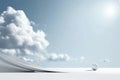 Surreal landscape with rolling clouds and white sphere under blue sky Royalty Free Stock Photo