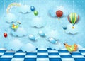 Surreal landscape with room, clouds, ballons, birds and flying fishes Royalty Free Stock Photo