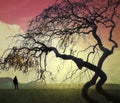 Surreal landscape with small human figure and twisted branches