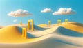 Surreal landscape of smooth sand dunes with bright yellow door frames under a clear blue sky. Royalty Free Stock Photo