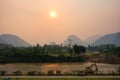 Surreal landscape by the Song river at Vang Vieng, Laos Royalty Free Stock Photo