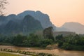 Surreal landscape by the Song river at Vang Vieng, Laos Royalty Free Stock Photo