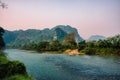 Surreal landscape by the Song river at Vang Vieng, Laos Royalty Free Stock Photo