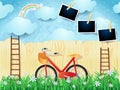 Surreal landscape with stairs, bike and photo frames