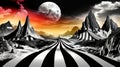 Surreal Landscape with Striped Road, Mountains, Dramatic Sky, and a Bright Moon Royalty Free Stock Photo