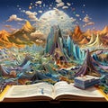 Surreal landscape of vibrant ledger book mountains with cascading pages