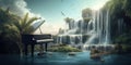 Surreal landscape with a waterfall of musical notes cascading from a grand piano, illustrating the harmony between