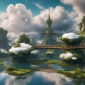 A surreal landscape where floating islands are connected by whimsical bridges, surrounded by fluffy clouds1 Royalty Free Stock Photo