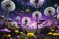 A Surreal Landscape Where Gravity is Defied: Oversized Dandelions Float Amidst Towering Mushrooms Royalty Free Stock Photo