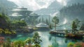 A surreal landscape where trees, rivers, and mountains are formed by intricate, repeating fractals, blending organic and