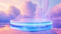 Surreal levitating platform with abstract liquid reflections in dreamlike pastel sky Royalty Free Stock Photo