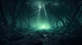 Surreal light in dark forest, Magic fantasy lights in the fairy foggy forest. horror concept Royalty Free Stock Photo