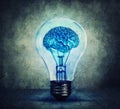 Surreal lightbulb painting with a glowing brain inside. Blue shining bulb, human creativity and idea concept. Mental development,