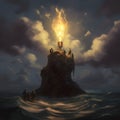 Surreal Lighthouse: Incandescent Bulb Illuminating the Sea - generative ai