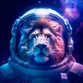 Surreal lion astronaut portrait in vibrant colorful outer space Royalty Free Stock Photo