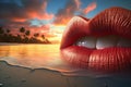 surreal Lips blowing in the sand of polyneasian paradise tropical beach turquoise water lagoon at sunset surrealistic lip