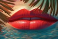 surreal Lips blowing in the sand of polyneasian paradise tropical beach turquoise water lagoon at sunset surrealistic lip
