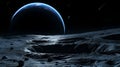 Surreal Lunar Landscape with Earthrise, An Artistic Depiction. Perfect for Science Fiction Themes. Moody and