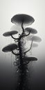 Surreal Macro Photography: Cyborg Mushrooms In Inverted Black And White