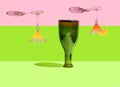 Surreal magic party concept. A bottle on its top standing upside down with two full upside down cocktail glasses in opposite