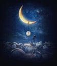 Surreal and magical night scene with a man climbing a ladder, on the top of different clocks landfill, trying to set the right Royalty Free Stock Photo