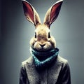 Surreal Mammalian Hybrids creature, half man, half rabbit in mythologie wearing a coat and scarf, easter bunny, illustration, gene