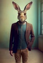 Surreal Mammalian Hybrids creature, half man, half rabbit in mythologie wearing a shirt and jacket easter bunny, illustration, gen