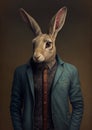 Surreal Mammalian Hybrids creature, half man, half rabbit in mythologie wearing a shirt and jacket easter bunny, illustration, gen