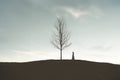 surreal meeting between a woman and a bare tree on top of a hill, winter concept Royalty Free Stock Photo