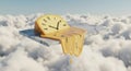 Surreal melting clock on floating platform in cloudy sky surrounded by dreamlike clouds Royalty Free Stock Photo