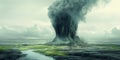 Surreal Melting Tree Landscape with Big Data Visualization Elements in Dreamy Atmosphere