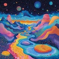 psychedelic brainscape with pulsating dot patterns and floating clouds