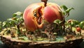 Surreal miniature village inside a split peach Royalty Free Stock Photo