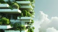 Surreal and minimalist representation of a future where eco friendly buildings and vertical forests thrive