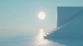 Surreal minimalist stairs leading to the sun over a calm sea. Conceptual design for tranquility and meditation Royalty Free Stock Photo