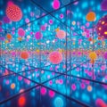 infinity room of colorful floating spheres with reflective mirrored surfaces Royalty Free Stock Photo