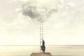 Surreal moment of woman climbing an imaginary scale to the clouds Royalty Free Stock Photo