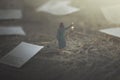 Surreal woman decides which page to choose for the end of her book Royalty Free Stock Photo