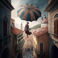 Surreal moment of a woman flying with her umbrella over the historic city