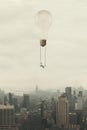 Surreal moment of a woman traveling on a swing carried by a light bulb over a metropolis