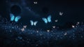 A surreal moonlit scene of luminescent butterflies against a dark, star-studded sky