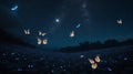 A surreal moonlit scene of luminescent butterflies against a dark, star-studded sky