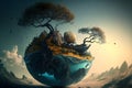 surreal morning dreamscape of floating bubble with tree and boat on it, neural network generated art