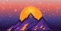 Surreal Mountain scape at Sunset with flares and lights. Flat design Vector illustration. purple and orange