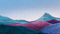 Surreal mountains landscape with blue and purple peaks and blue sky. Minimal abstract background. Shaggy surface with a