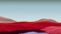 Surreal mountains landscape with bright red peaks and gray sky. Minimal abstract background. Shaggy surface with a